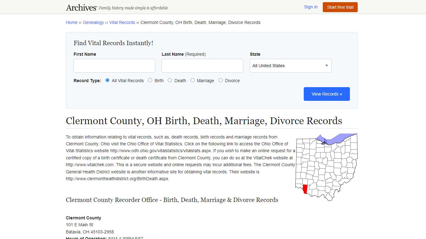 Clermont County, OH Birth, Death, Marriage, Divorce Records - Archives.com